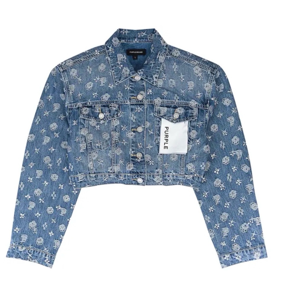 Purple Brand Light Indigo Bling Crop Denim Jacket